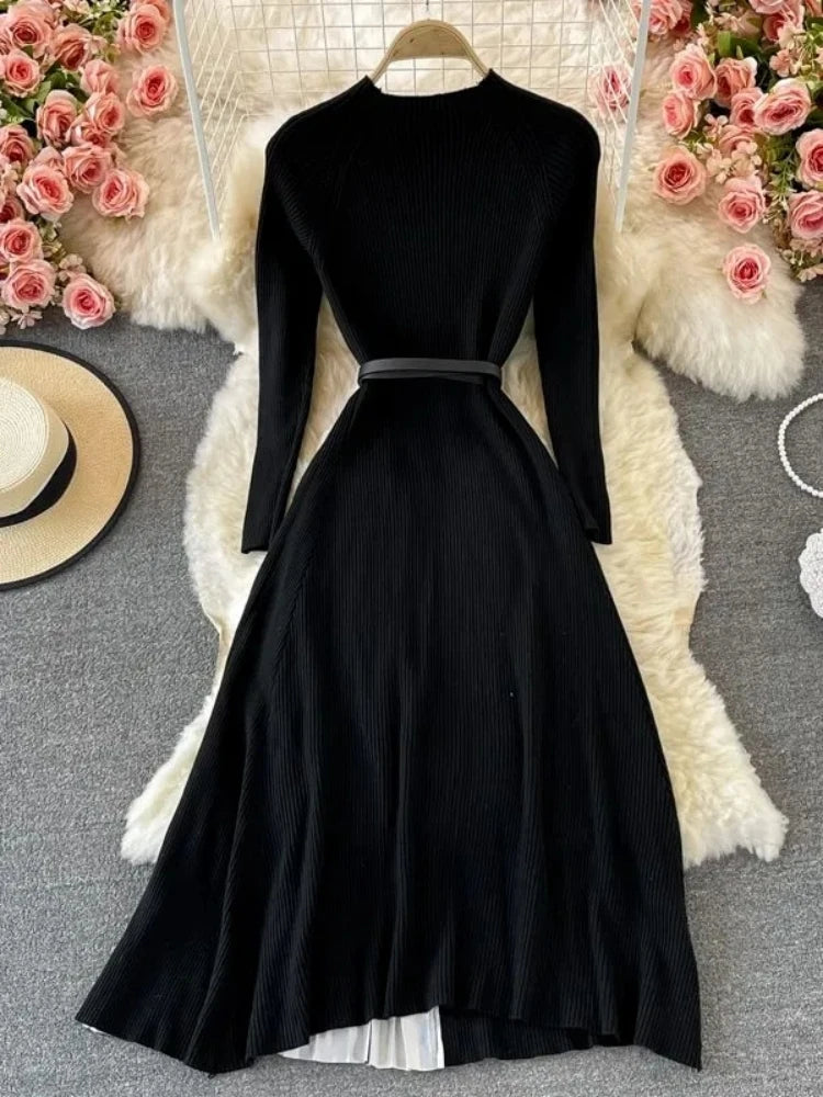 Autumn Winter Women Gradient Color Patchwork Pleated Sweater Dress Elegant Long Sleeve Midi Knitted Party Vestidos With Belt