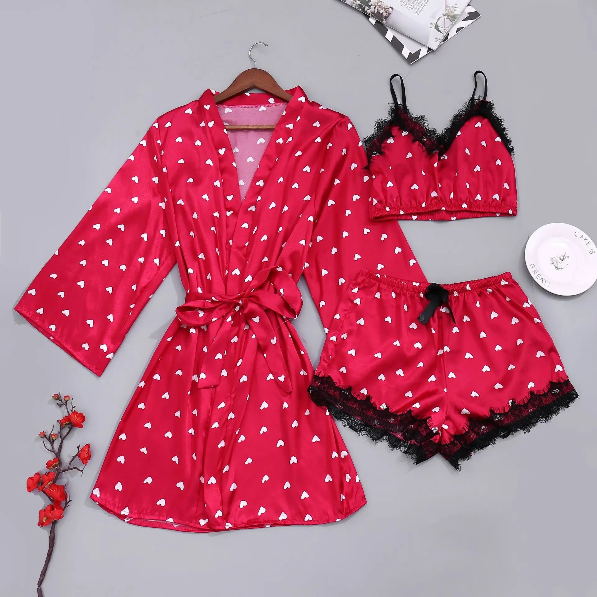 new Women's Sleep Lounge New Pajama Sets European American 4-piece set with lace satin suspender summer set for sleeping pajamas