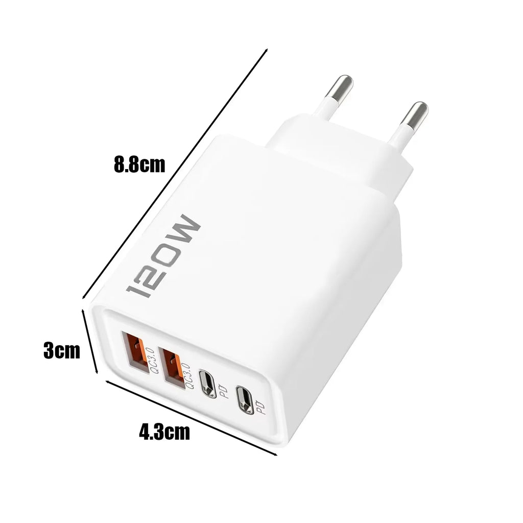 120W Total Fast Charging Quick Charger PD USB Type-C Wall Adapter for iPhone 16/15/14 Xiaomi Huawei Redmi Oneplus -Phone Charger