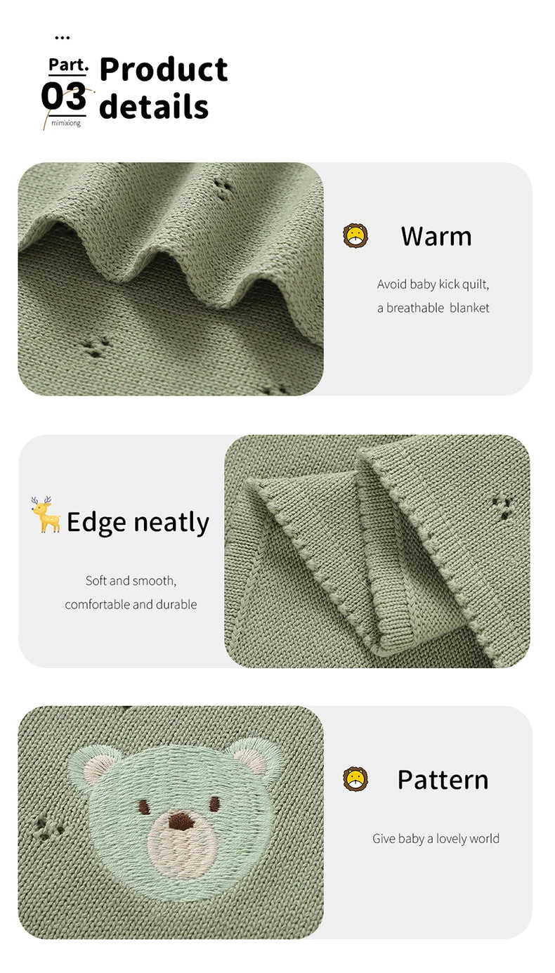 Baby Blankets Cotton Knit Newborn Girl Boy Bed Quilt 100*80CM Plaid Infant Stroller Swaddling Fashion Solid Cute Bear Super Soft