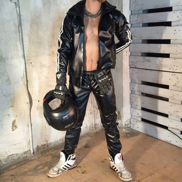 Men's PU Leather Hoodie Suit Casual Sportswear Hooded Jogging Suit Sportswear  Men Outfit Set  Juicy Tracksuit