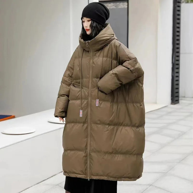 Janveny Women 90% White Duck Down Jacket With Hooded Loose Oversize Long Puffer Coat Autumn Winter Warm Outwear Female Parkas