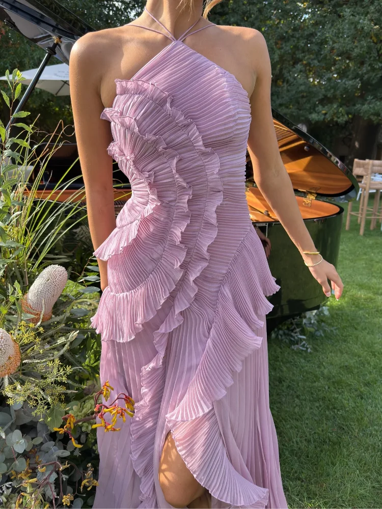Elegant Neck Strap Ruffles Evening Gown Solid Folds A Line Lace Up Backless Sexy Party Dress 2025 New Party  Vacation Y2k Robe