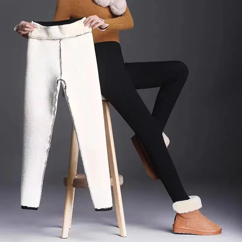 Ultra thick imitation lamb cashmere artificial velvet leggings winter plush thickened high waisted long pants, warm pants