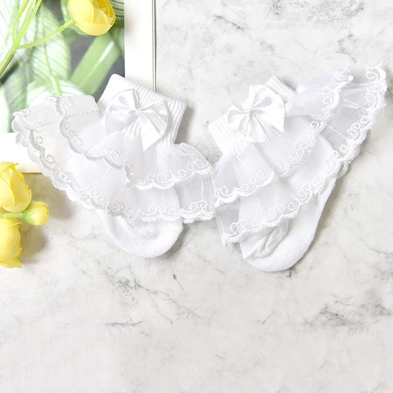 0-9Y Baby Cotton Socks With Lace Girls Ankle Socks Bows Toddlers Floor Sock Cute Frilly Socks For Children Girls Princess Sock