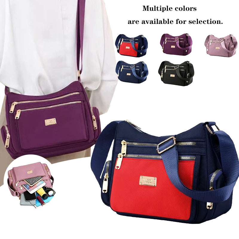 Women's handbag in various colors, multi-layered with zippers, can be worn diagonally or carried on the shoulder.