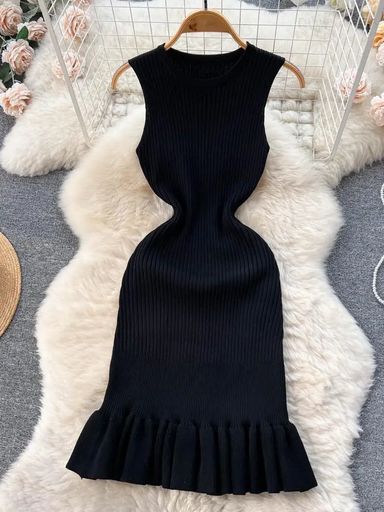 2025 Early Autumn Sexy Package Hips Ruffles Mini Dress Summer Fashion Y2K Knitted Bodycon Ladies Dress Korean Party Vestidos