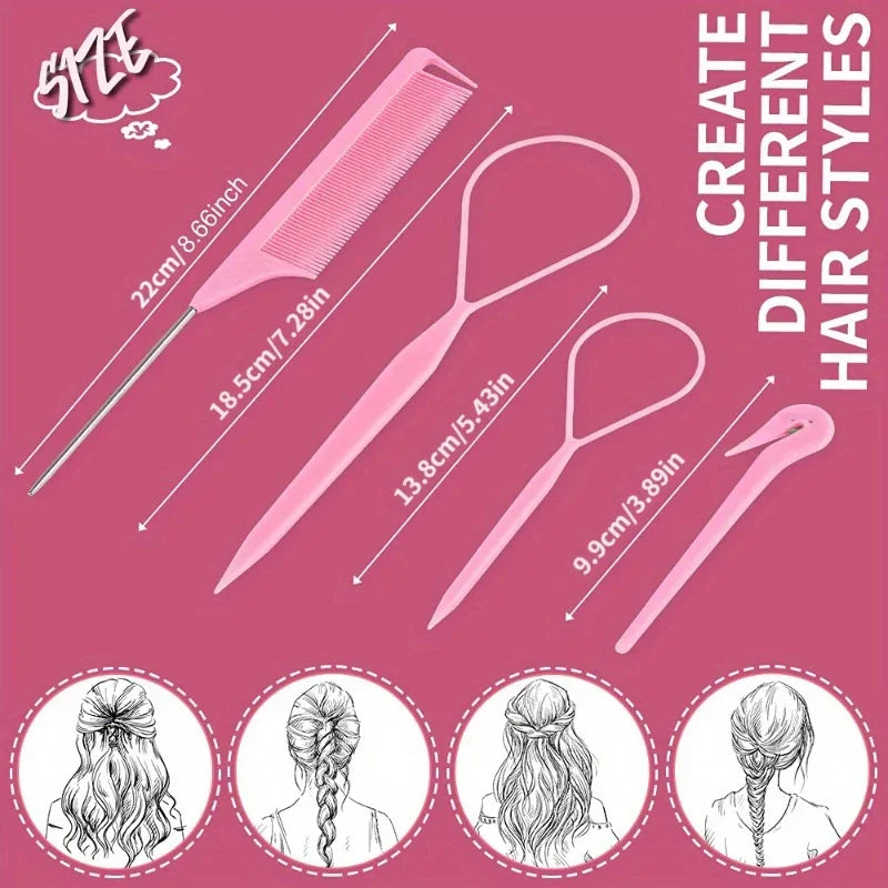 4/5pcs/Set Hair Loop Tool Set 2pcs French Braid Tool Loop 1pc Rat Tail Comb 1pc Elastic Hair Rubber Bands Remover Cutter