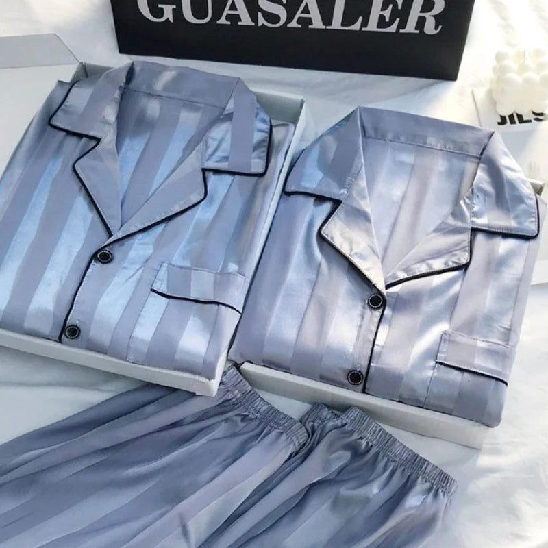 1 Set Women's Elegant Lounge Set, Plus Size Satin Striped Button Up Long Sleeve Shirt & Pants Pajamas