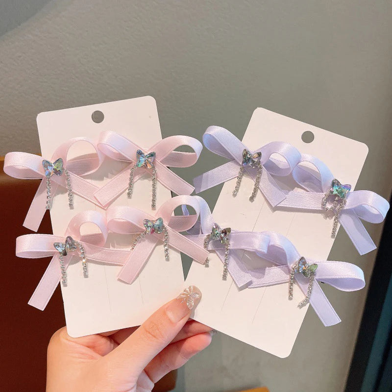 4PCS/Set Shiny Rhinestone Chains Bow Hair Clips New Sweet Girl Tassel Sided Clips Korean Barrettes Kids Headwear Hair Accessory