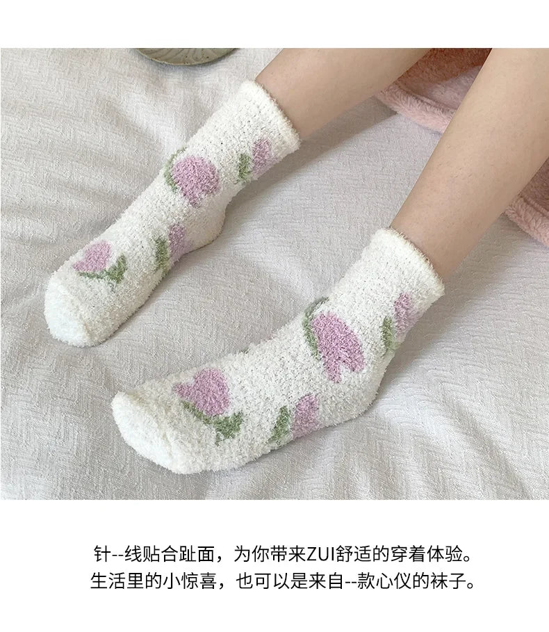 Japanese Kawaii Cute Socks Autumn Winter Thicken Warm Soft Plush Women Socks Coral Fleece Thermal Homewear Floor Sleeping Socks