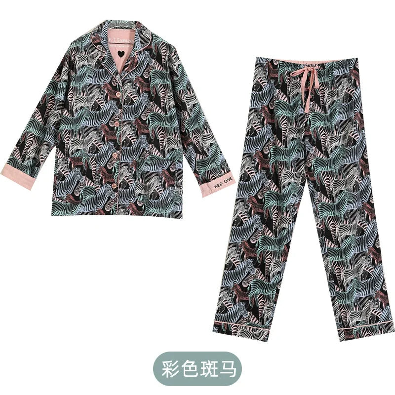 Autumn Winter Women PJS Cotton Ground Wool Sleepwear Warm Thick Cartoon Long Sleeve Pants Pajamas Ladies Homewear Month Clothes