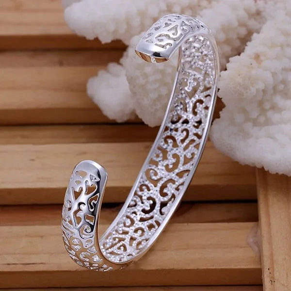 925 Sterling Silver Open Bangle Bracelet for Women Lady Girl Cute Favorite Gift Retro Charm Exquisite Circular Fashion Jewelry