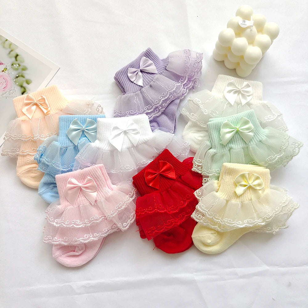 0-9Y Baby Cotton Socks With Lace Girls Ankle Socks Bows Toddlers Floor Sock Cute Frilly Socks For Children Girls Princess Sock