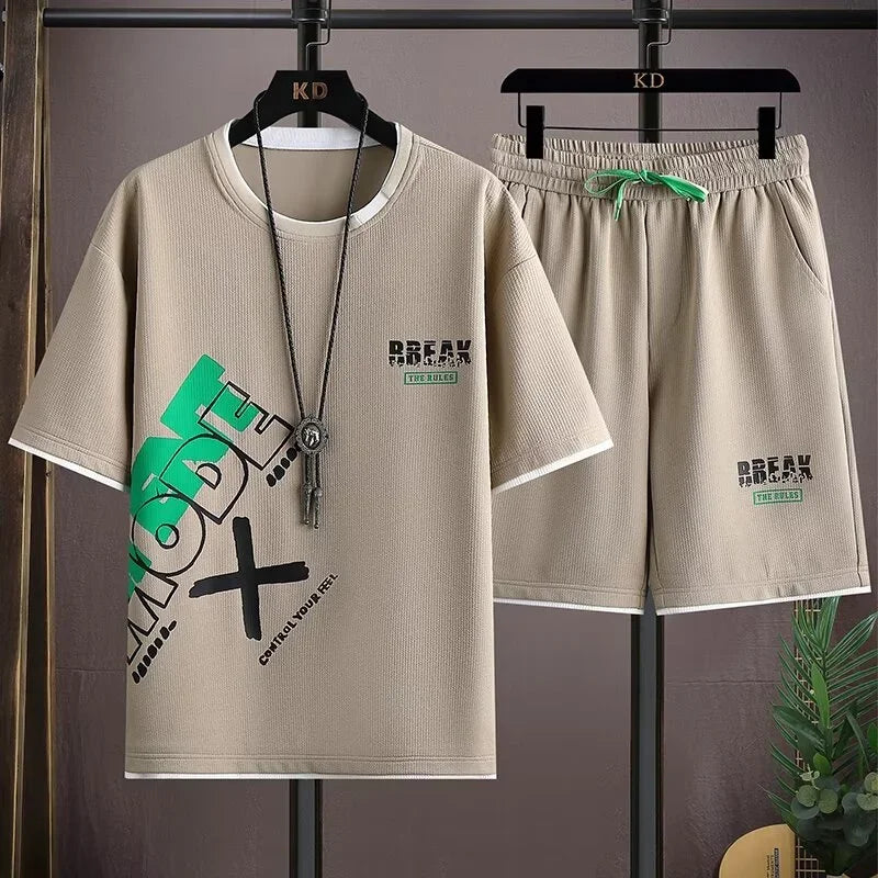 Summer Casual Short Sleeved Set Trendy Loose Five Inch T-shirt Plus Size Men's Outfit Complete Set with Matching