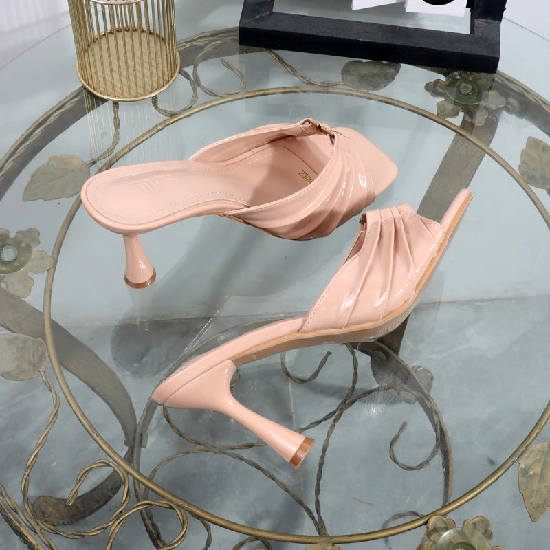 High heels 2025 summer new pleated slippers square toes metal fashion open toe sexy luxurious banquet sandals Heel height 9CM