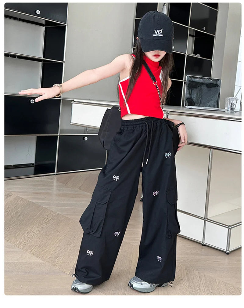 Stylish Loose-fit Cargo Pants Girls Summer Arrival Hip Hop Street Dance Trousers Teenage Streetwear Baggy Joggers Pants 5-14Y