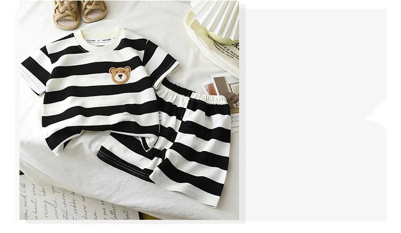 Children's Suit 2PCS Set New Summer Short Sleeve +Shorts Striped Boy Girl Child T-shirt Baby Clothes Children's Clothing