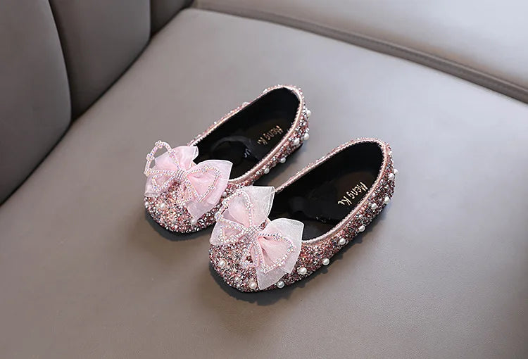 Girls Princess Shoes Glitter Luxury Party Shallow Children Ballet Flats 21-36 Elastic Band Fashion Lace Bowknot Kids Dance Shoes