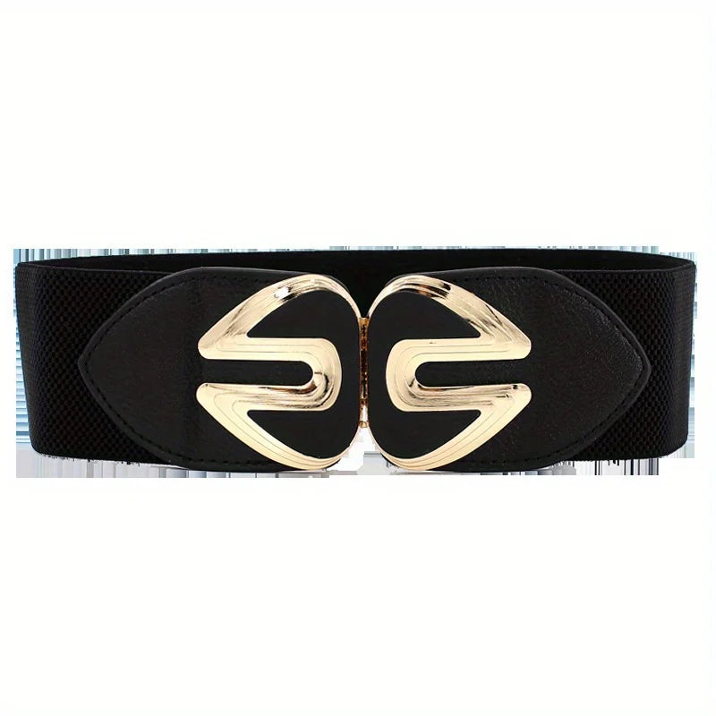 Vintage Buckle Wide Elastic Belt Black Waistband Solid Color Decorative Belts Dress Girdle For Women