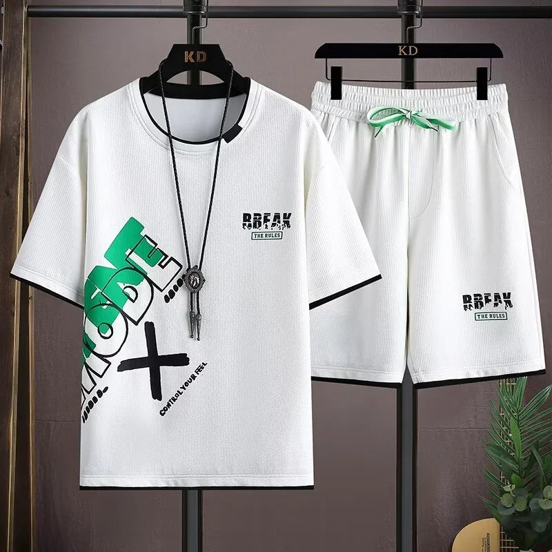 Summer Casual Short Sleeved Set Trendy Loose Five Inch T-shirt Plus Size Men's Outfit Complete Set with Matching