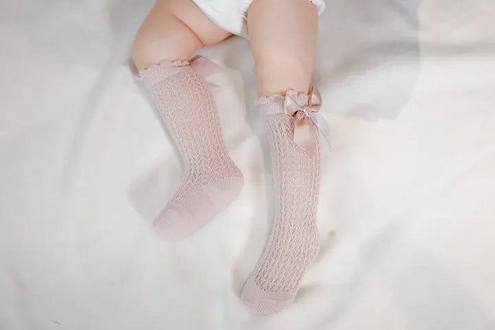 Simmer Spring Mesh Thin Cotton Korean Bow White Stockings Baby Princess Knee High Long Socks with Lace Ruffles for Newborn Girls