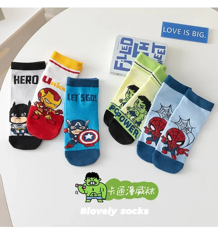 5 Pairs Spiderman Cotton Children's Socks iron Man Hulk Thor Anime kids Boys Short Socks Cartoon Baby Spring Summer Short Socks