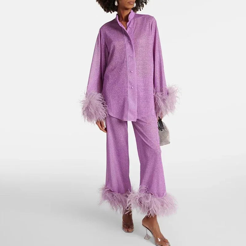 Style Women Elegant Feathers Decoration Sets Spring Stand Collar Button Blouse Shirts Wide Leg Pants Outfits Solid Fall Suit Y2k