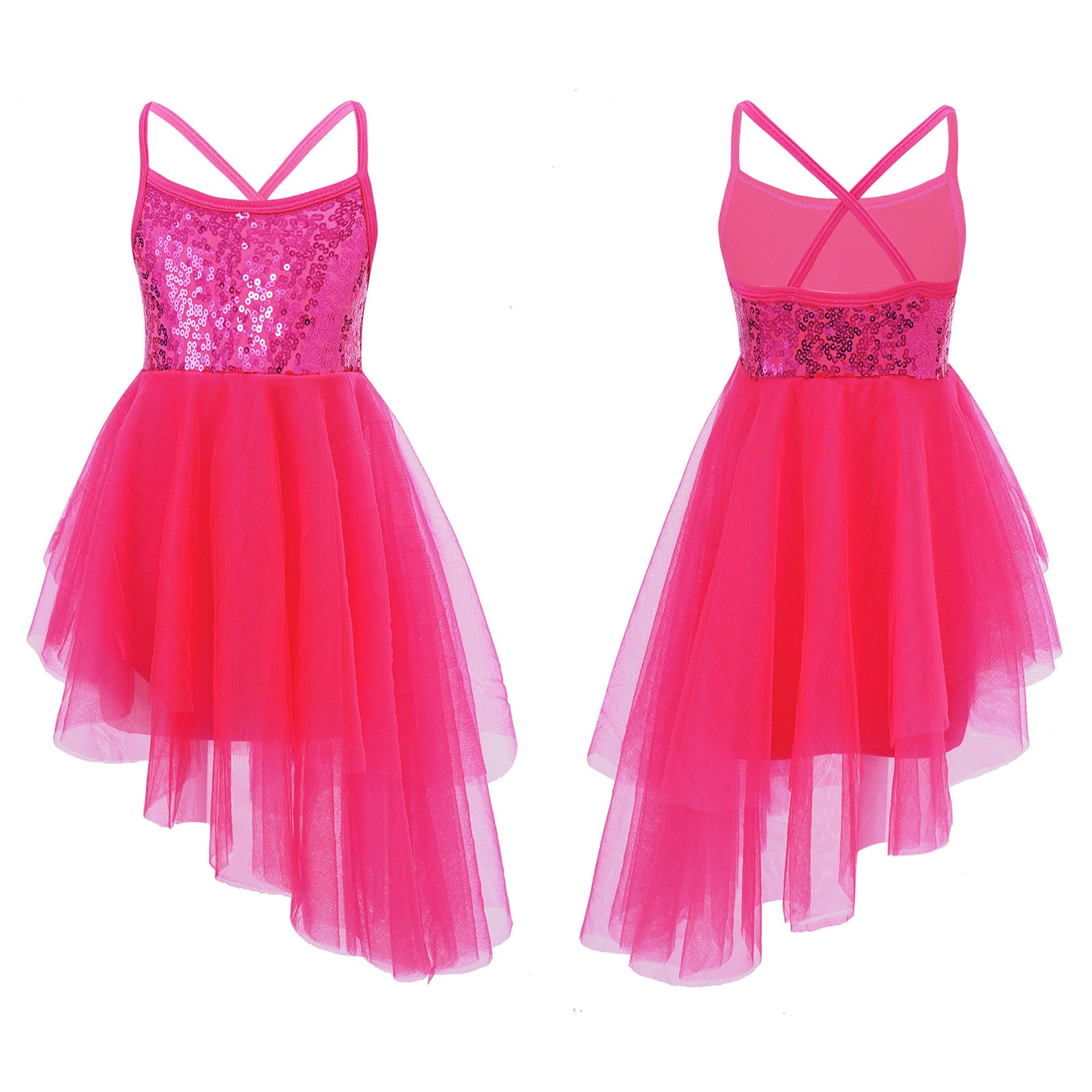 Girls Ballet Dress Lyrical Dance Gymnastics Skating Stage Performance Costume Shiny Sequin Mesh Tulle Leotard Tutu Dancewear