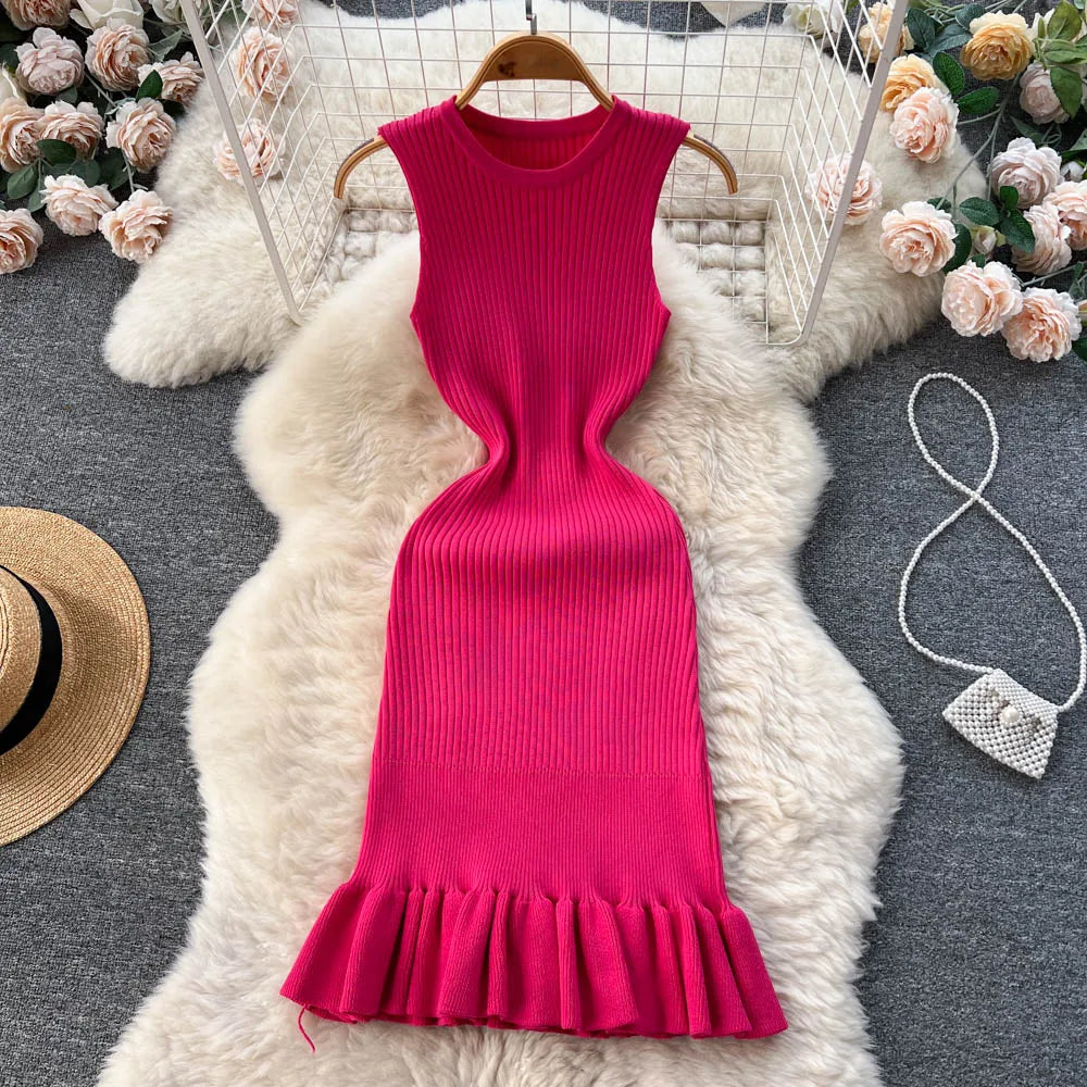 2025 Early Autumn Sexy Package Hips Ruffles Mini Dress Summer Fashion Y2K Knitted Bodycon Ladies Dress Korean Party Vestidos