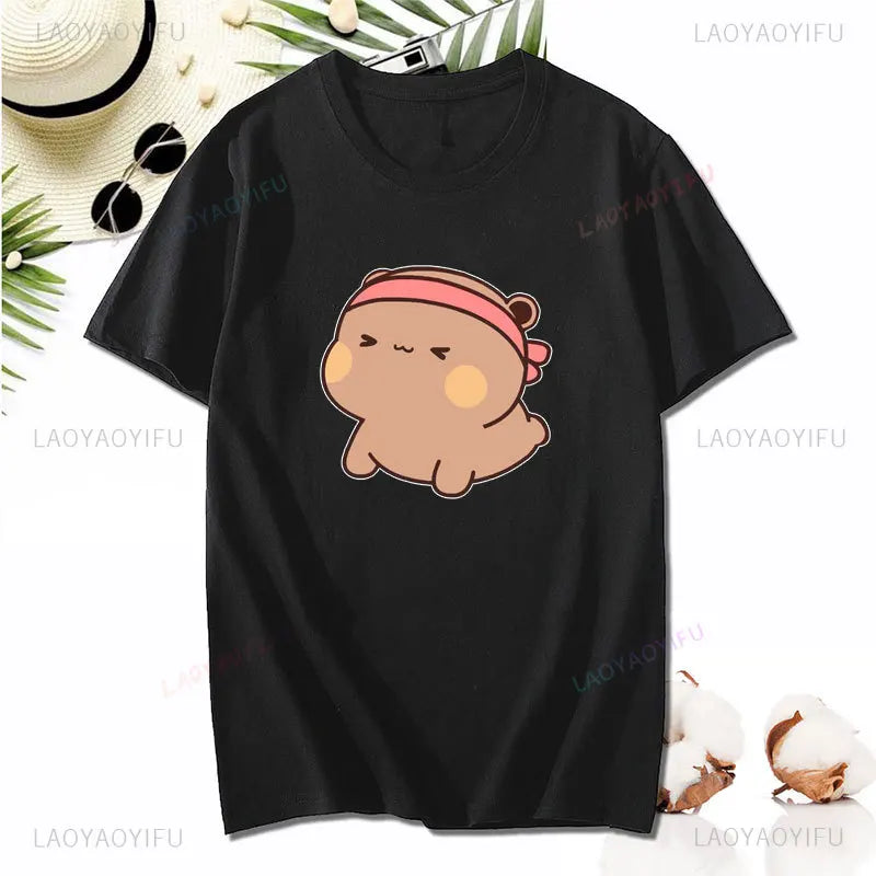 Cute Weight Lifting Fitness Graphic T-shirt Dudu and Bubu Do Yoga Printing Tees Humor Style Lovers' Clothes Valentine's Day Gift