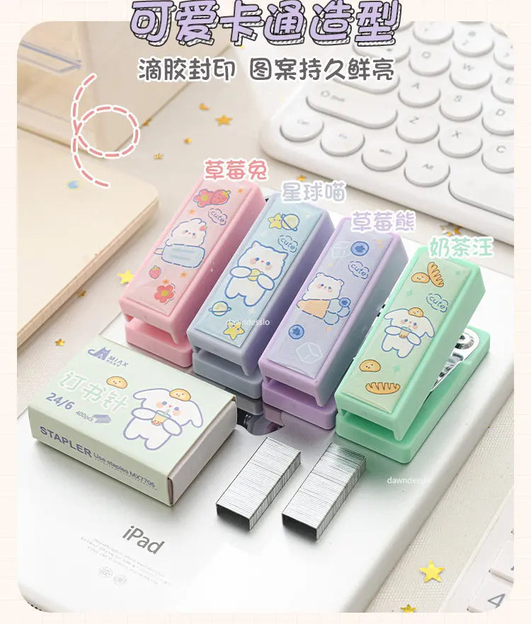 Mini Stapler Set with Staples Cute Rabbit Bear Paper Binder Stationery Office Binding Tools School Supplies