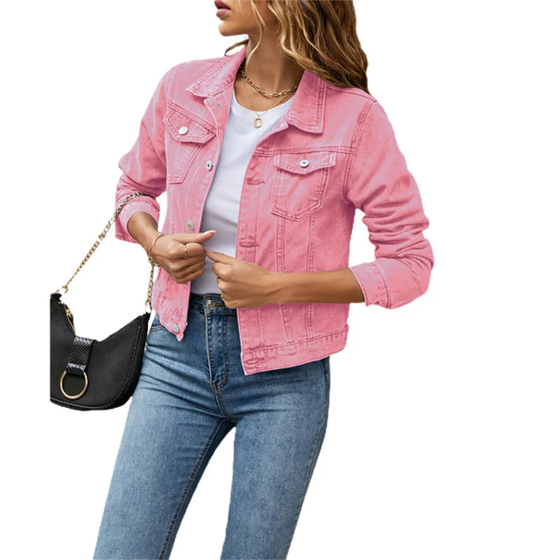 2023 Women's Short Denim Jackets Fashion Female Casual Long Sleeve Lapel Solid Button Pocket Slim Jean Jacket Fall Winter Coat