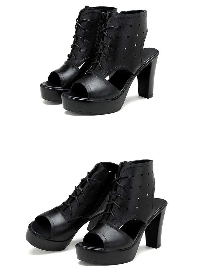 8cm 10cm Small Size 32-43 Fashion Black Block High Heels Gladiator Sandals 2024 Women's Platform Shoes for Office Model Mom