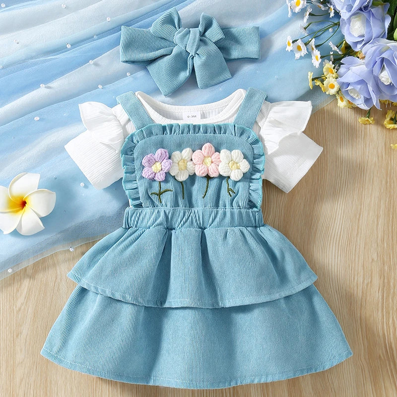 Pudcoco Baby Girls Summer Outfit Short Sleeves Rompers and Crochet Flowers Suspender Skirt Headband 3 Piece Clothes Set 0-18M