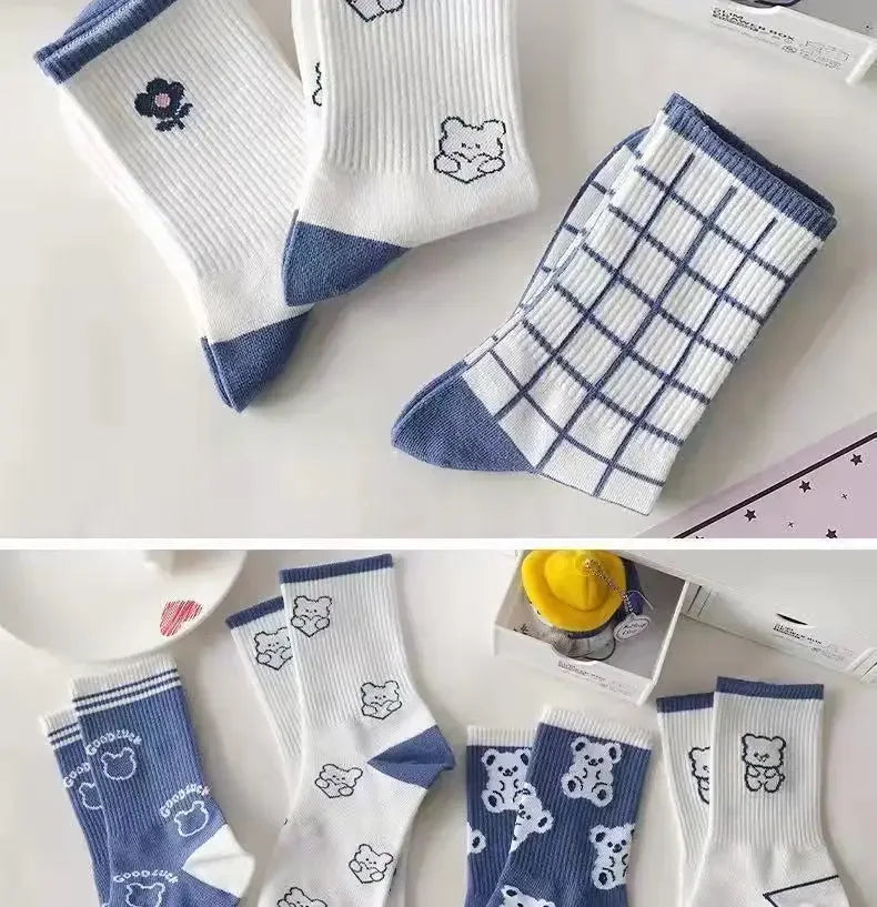 Women's Socks Warm Socks In Autumn and Winter Blue Socks Students High-top Striped Checkered Sports Stockings