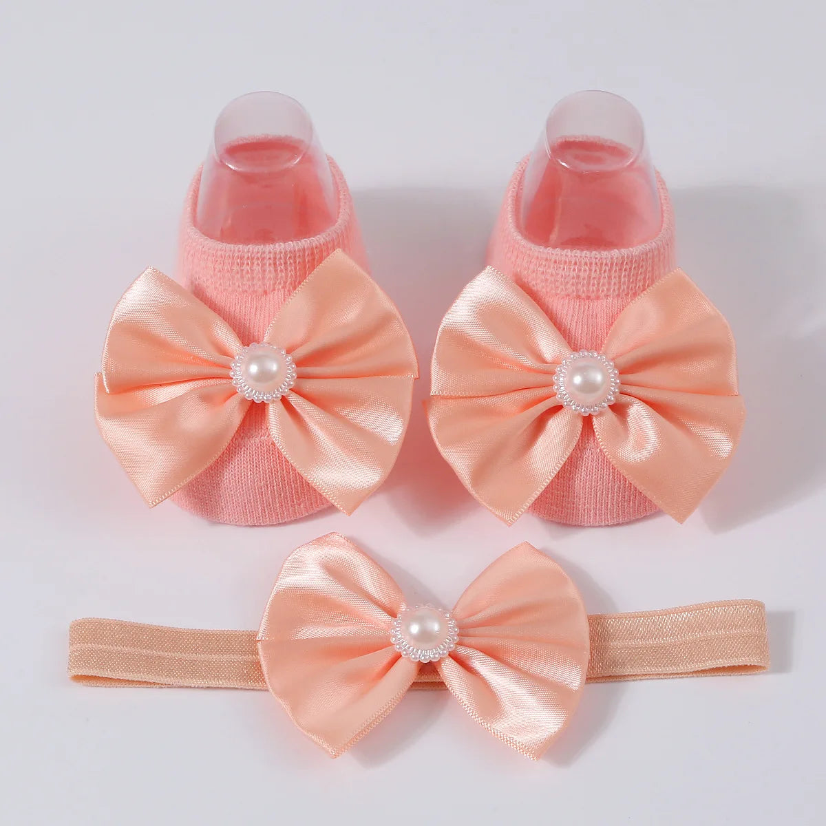 1Set New Baby Pearl Bowknot Headbands Socks Newborn Toddler Soft Prewalker Sock Girl Infant Cute Knitted Cotton Hairband Socks