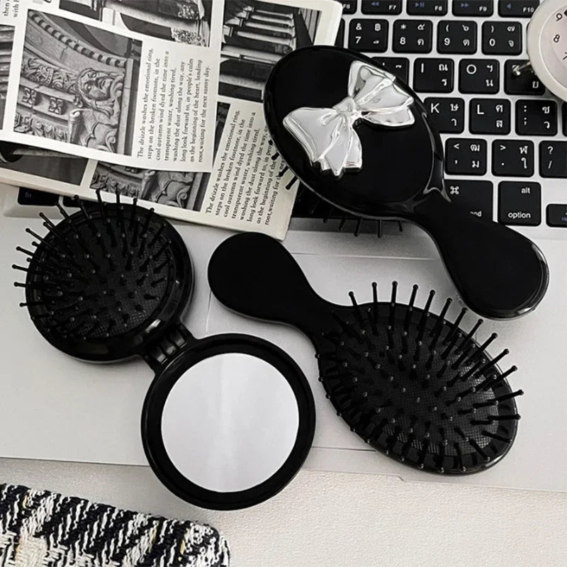 Portable Cute Bow Mini Round Hair Comb Hair Salon Hairdressing Massage Folding Hair Brush Air Cushion Comb Makeup Beauty Tools
