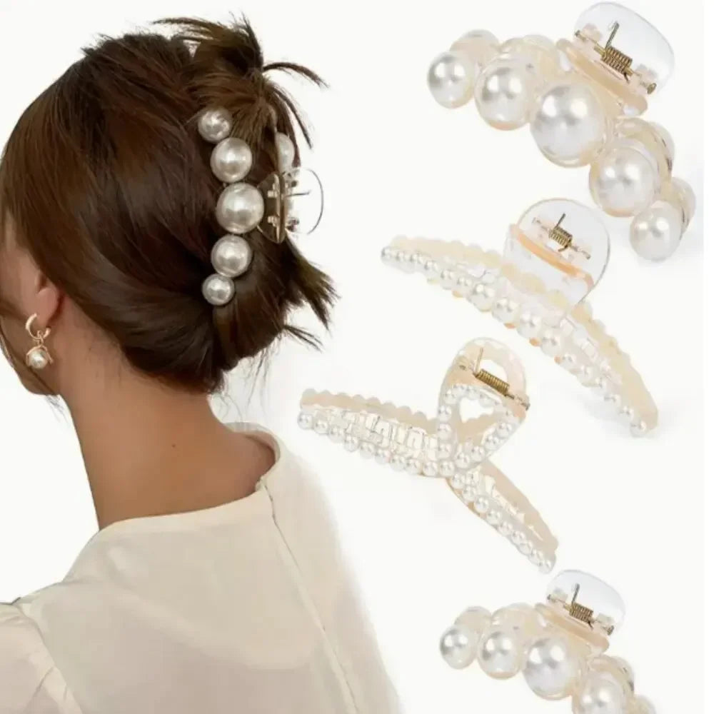 2024168---4pcs Large Shark Clip Hair Accessories Temperament Versatile Simple And Generous Fashionable Gentle Pearl Grab Clip
