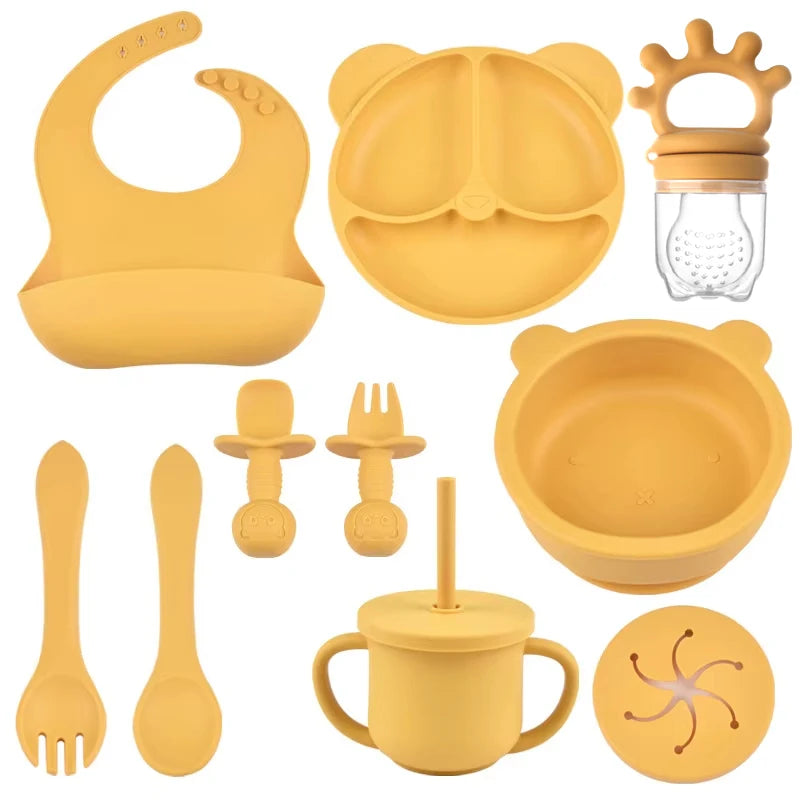 9PCS/Set BPA Free Silicone Baby Feeding Set Sucker Bowl Divided Dinning Plate Straw Cup Spoon Fork Adjustable Bib Child Dishes