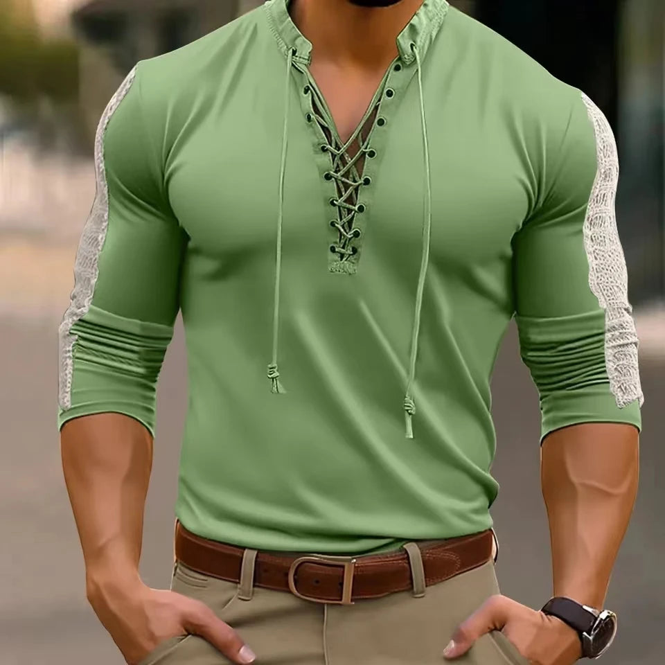 2025 Spring Autumn Men T-Shirts Mesh Patchwork Long Sleeve Top Tees Solid Lace Up V-Neck Casual Bottom Blouse Men Tees Tops