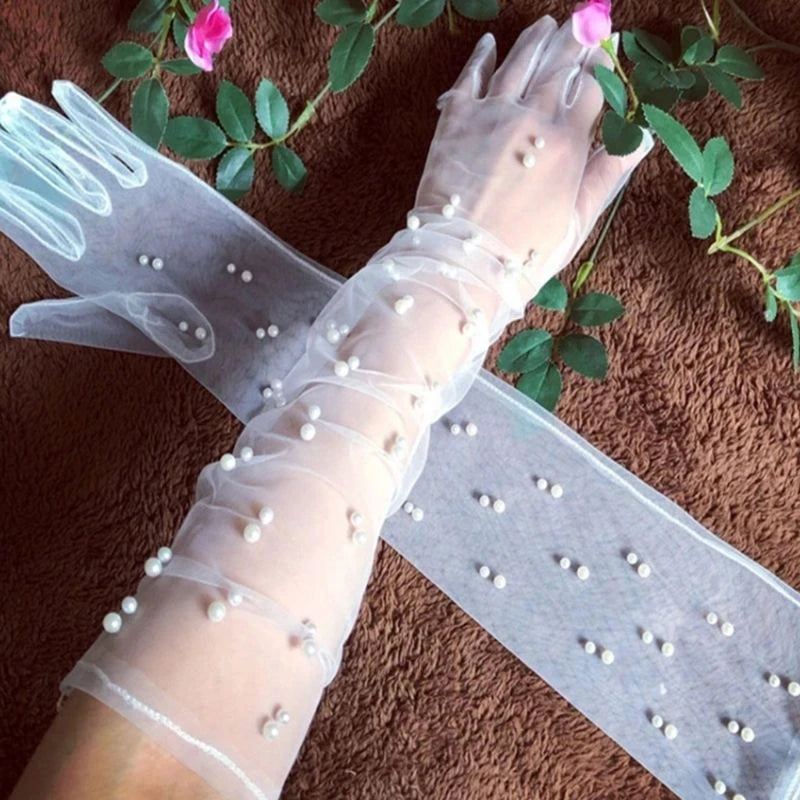 55 cm Transparent Wedding Gloves Pearls Long Elbow Mittens Mesh Arm Covers Women Party Bridal Dress Accessories Photo Props