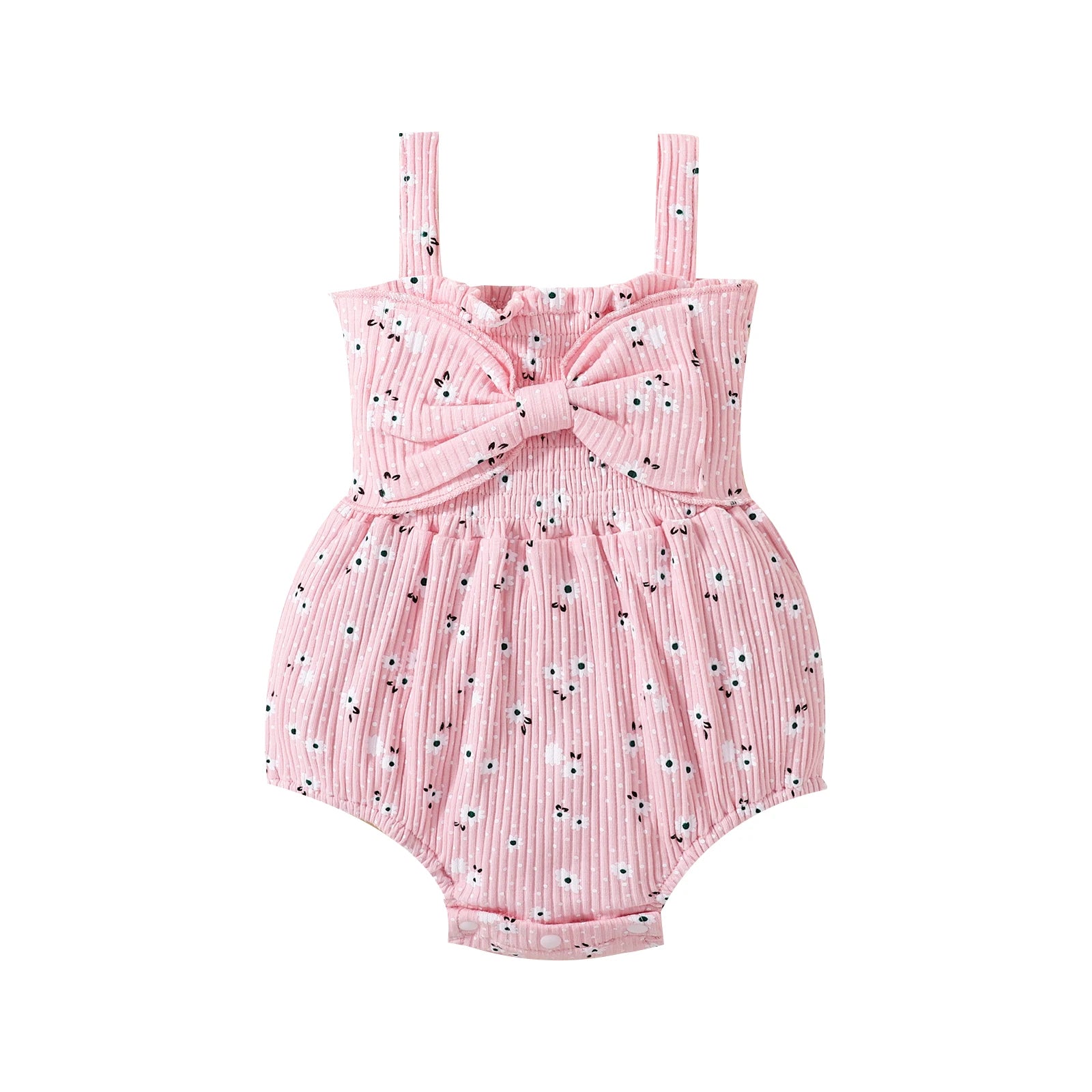 Summer Newborn Ribbed Bodysuit, Baby Girls Sleeveless Flower & Dot Print Jumpsuits with Bow Elastic Playsuits