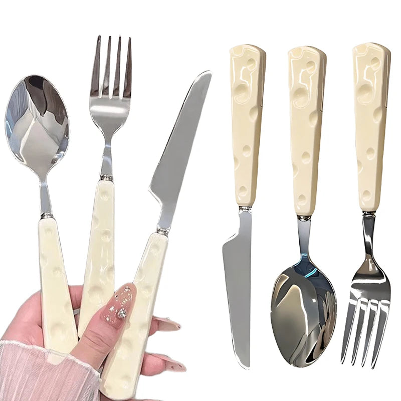 1/3PCS Tablewares Stainless Steel Knife Fork Spoon Ceramic Cheese Shaped Handle Cute Appearance Elegant Household Dinnerware ZYF