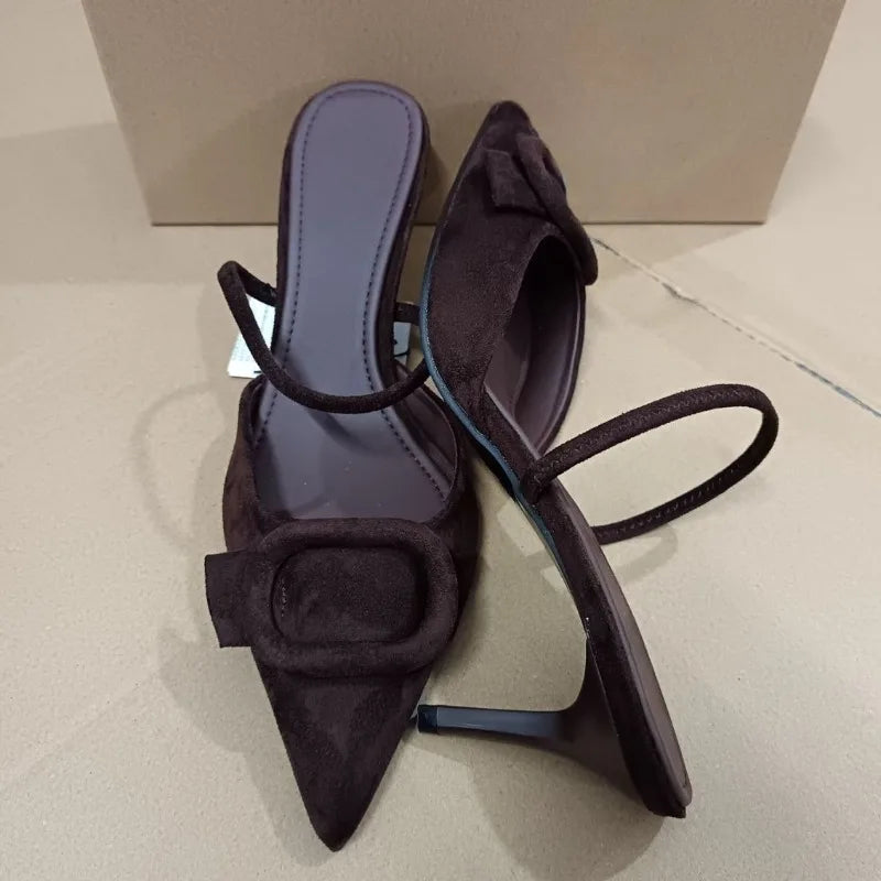2025 High Heels Women Mules Shoes Elegant Brown Suede Pointed Toe Retro Summer Office Female Slingback Designer Modern Sandals