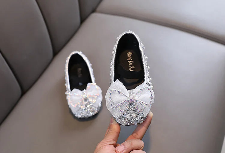 Girls Princess Shoes Glitter Luxury Party Shallow Children Ballet Flats 21-36 Elastic Band Fashion Lace Bowknot Kids Dance Shoes