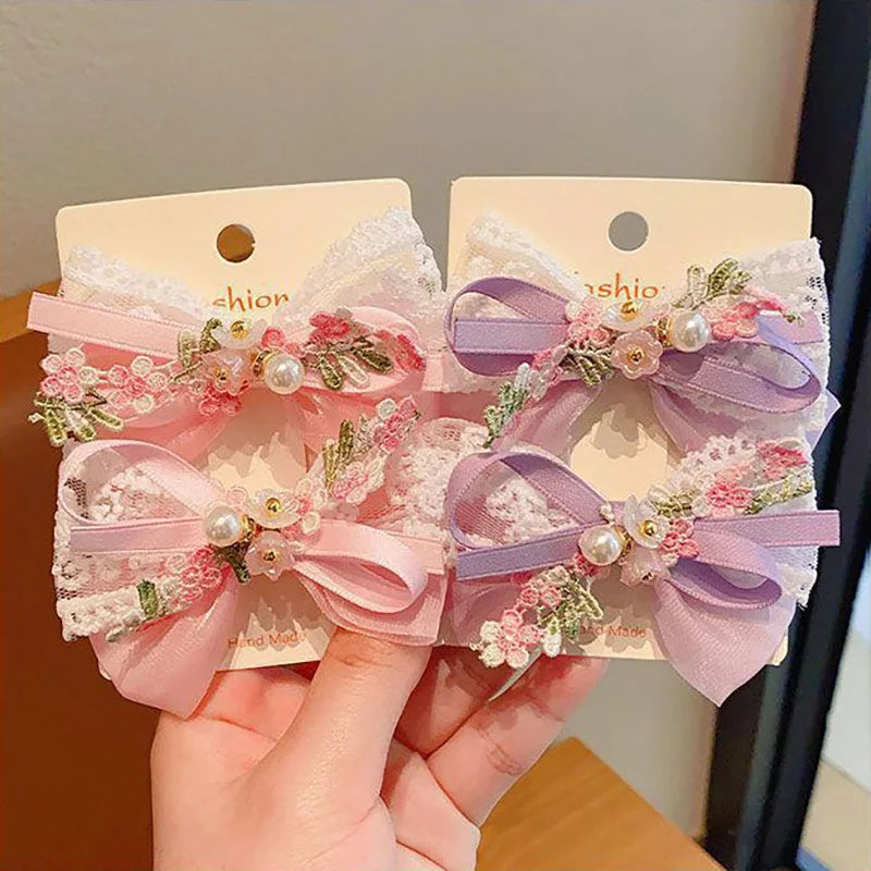 2PCS/Set Cute Flower Embroidery Bow Hair Clips for Baby Girl Sweet Bowknot Duck Tongue Clips Kids Barrettes Fairy Headdress