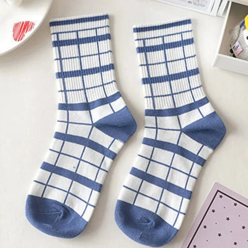 Women's Socks Warm Socks In Autumn and Winter Blue Socks Students High-top Striped Checkered Sports Stockings