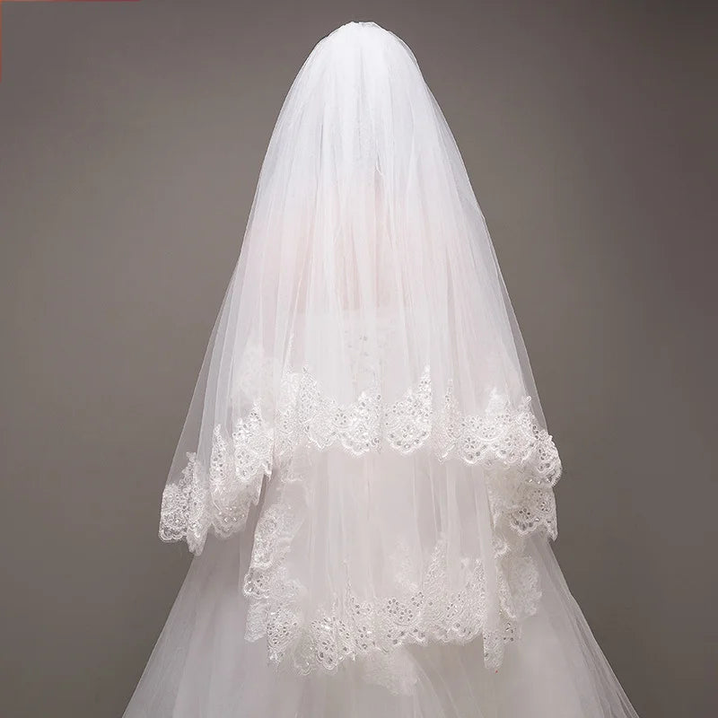 Women's Sequins Edge Bride Wedding Fingertip Length Two-Tier/2T Lace Bridal Hair Accessories Tulle Veil