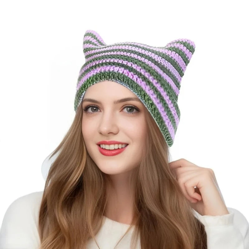 New Japanese Streetwear Harajuku Beanie Little Devil Striped Knitted Hat Women Girls Autumn Winter Cute Cat Ears Cap
